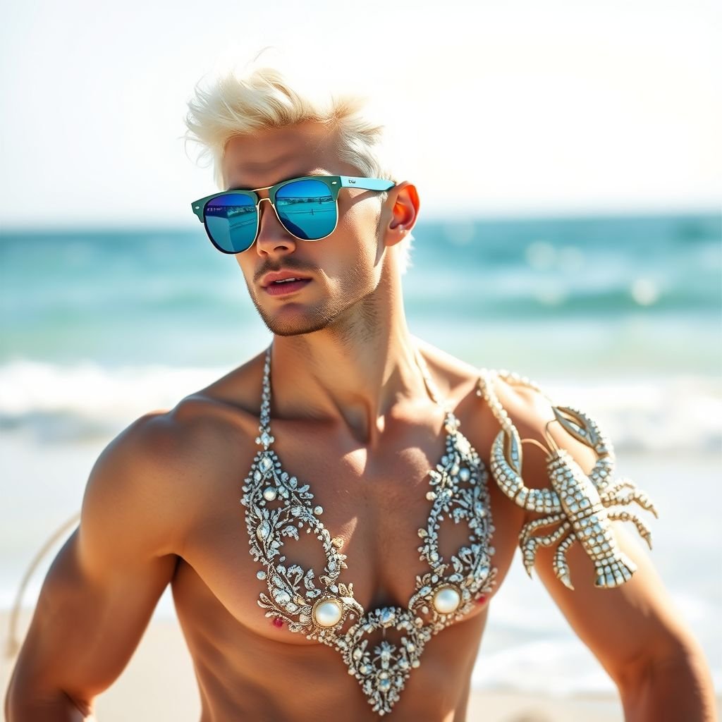 a men top model with snow-white hair, blue eyes, wearing a men's thong swimsuit embroidered with crystals forming a crystal sphere, avant-garde sunglasses, a super-large beach bag with a lobster embroidered in pearls and crystals and beach sandals, in a heavenly beach setting
Imagine a striking male top model with radiant snow-white hair and piercing blue eyes, exuding confidence in a daring men's thong swimsuit adorned with intricate crystal embroidery, forming a mesmerizing crystal sphere. He pairs this avant-garde look with oversized, reflective sunglasses and a super-large beach bag featuring a pearl-encrusted lobster. Casual beach sandals complete this playful yet sophisticated ensemble against a backdrop of sun-kissed sands and azure waves, capturing the essence of modern luxury by the sea.