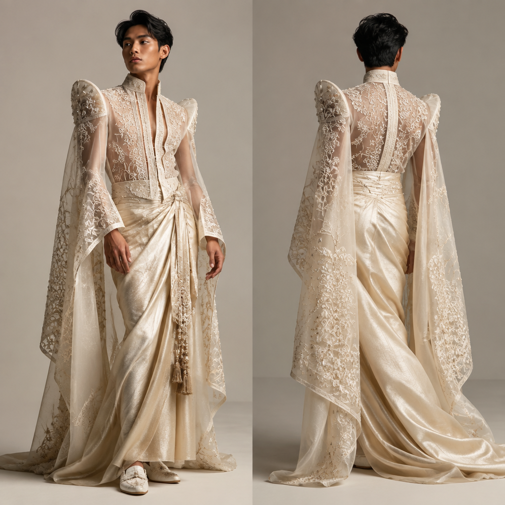 Men’s couture inspired by a traditional dress from the Philippines and make it Vogue inspired
photorealistic fashion design, Men’s couture inspired by a traditional dress from the Philippines and make it Vogue inspired, gender_fluid style, just the design no text, show front and back