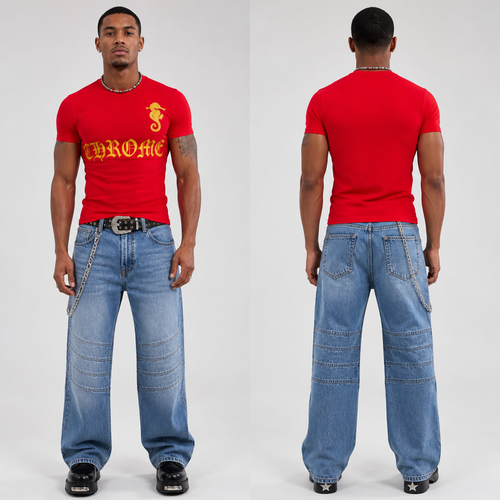 A Male Top design, made of Cotton, with a sturdy, casual hand, with a Fitted silhouette, in a Bold & Bright color palette, for Festival, suitable for Summer, suited to a Temperate climate, in Y2K style, shown on a model with brown skin and an athletic build. I would like the letters in the reference box in the exact font that they are written in in that photo added to the T-shirt across the top of the chest going just below the breastbone and bold font with a Gothic seahorse hanging off the top right corner Present it as professional fashion catalogue photography: the garment is the subject, shown full-length with editorial styling, neutral posing and tasteful, non-suggestive framing.
photorealistic fashion design, A Male Top design, made of Cotton, with a sturdy, casual hand, with a Fitted silhouette, in a Bold & Bright color palette, for Festival, suitable for Summer, suited to a Temperate climate, in Y2K style, shown on a model with brown skin and an athletic build. I would like the letters in the reference box in the exact font that they are written in in that photo added to the T-shirt across the top of the chest going just below the breastbone and bold font with a Gothic seahorse hanging off the top right corner Present it as professional fashion catalogue photography: the garment is the subject, shown full-length with editorial styling, neutral posing and tasteful, non-suggestive framing., y2k style, just the design no text, show front and back