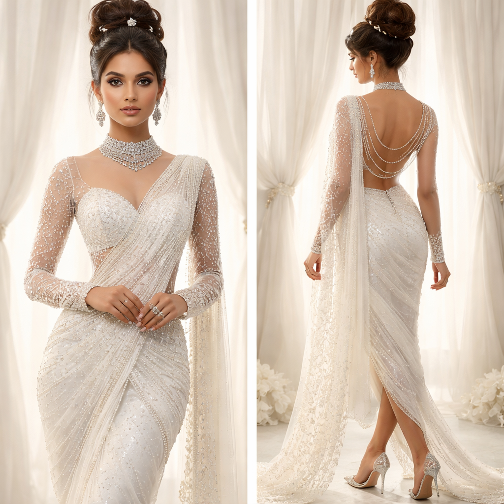 Create a modern bridal look using a traditional white Sari with interesting details that cover her body.The model should be in her early twenties and wear her hair in an eye catching up do. Her look should include stunning shoes and jewellery.
Create a modern bridal look using a traditional white Sari with interesting details that cover her body.The model should be in her early twenties and wear her hair in an eye catching up do. Her look should include stunning shoes and jewellery., formal style, show front and back