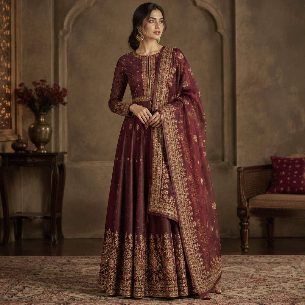 A Female Dress design, with modest, full coverage: longer hemlines, higher necklines and covered shoulders, suitable for Fall. Consider Indian fashion aesthetics — consider saree, lehenga, salwar kameez, kurti, anarkali; local fabrics like chanderi, banarasi, chikankari, block prints; vibrant colors and rich embroidery. Current season is Autumn in India. Present it as professional fashion catalogue photography: the garment is the subject, shown full-length with editorial styling, neutral posing and tasteful, non-suggestive framing.
photorealistic fashion design, A Female Dress design, with modest, full coverage: longer hemlines, higher necklines and covered shoulders, suitable for Fall. Consider Indian fashion aesthetics — consider saree, lehenga, salwar kameez, kurti, anarkali; local fabrics like chanderi, banarasi, chikankari, block prints; vibrant colors and rich embroidery. Current season is Autumn in India. Present it as professional fashion catalogue photography: the garment is the subject, shown full-length with editorial styling, neutral posing and tasteful, non-suggestive framing., just the design no text