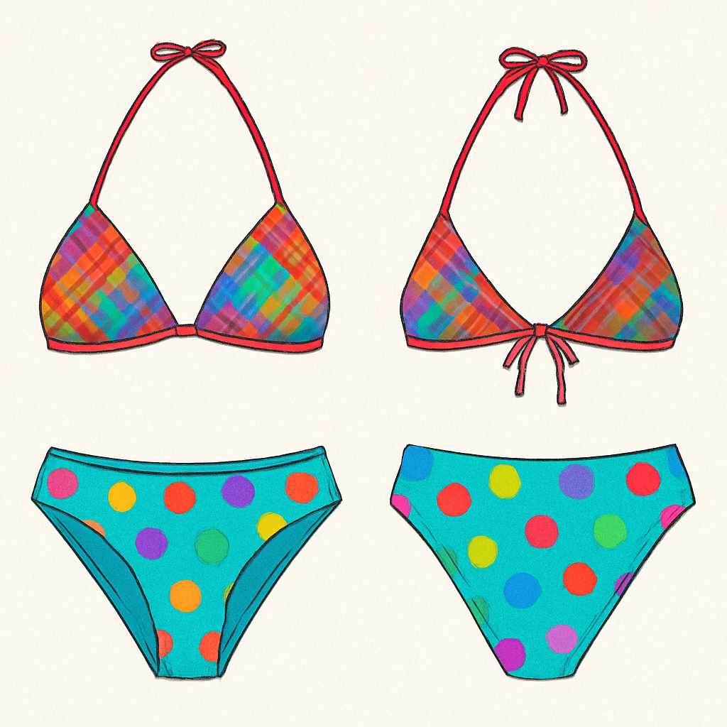 Bikini bottom with polka dots and bikini top with plaid but make it colorful and not the same colors as the top and bottom
Bikini bottom with polka dots and bikini top with plaid but make it colorful and not the same colors as the top and bottom, show front and back