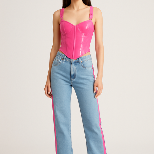 Low rise wide leg denim jeans with pink stripe down the side and matching pink corset top
Jeans less wide leg lower waist the pink to be more cerise and the matching corset to be shiny pvc material with dipped waist and two small silver buckles on the straps
Can we change the pink to candy pink colour and the jeans to be lighter washed denim and more straight fit