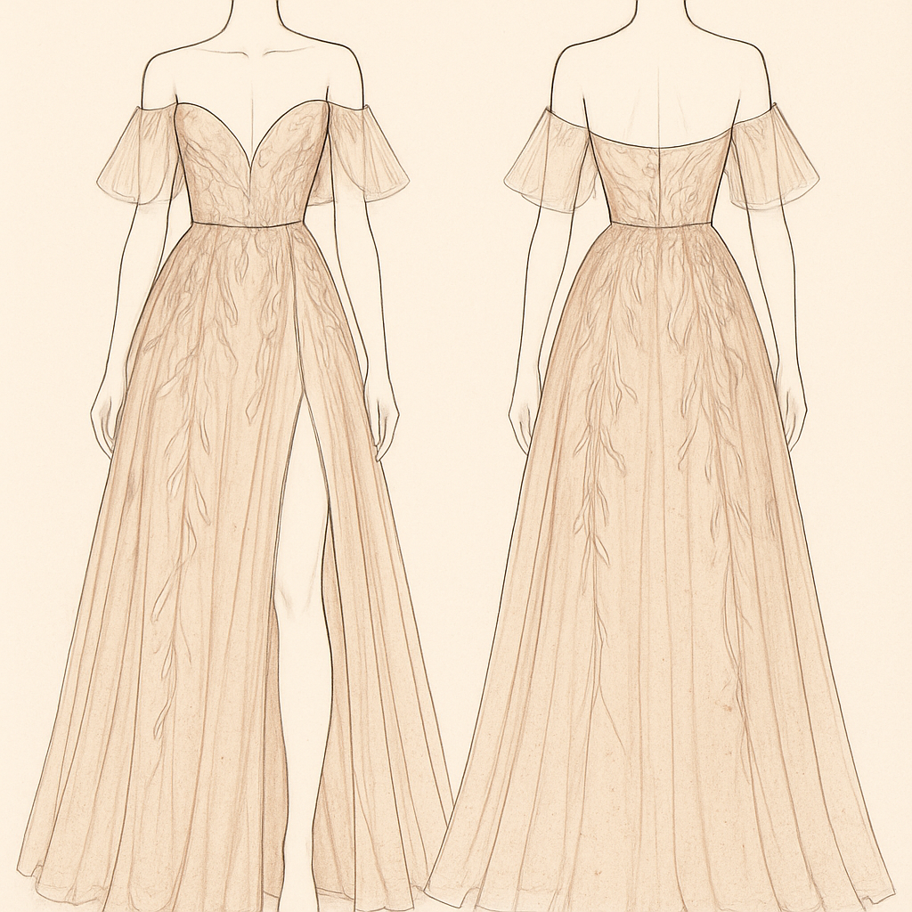 I want line embroidered dress, loose one sheer layer, color blushed Champaign & make it off shoulder with tiny waist. add open leg. & make the chest V medium length cut.
I want line embroidered dress, loose one sheer layer, color blushed Champaign & make it off shoulder with tiny waist. add open leg. & make the chest V medium length cut. , show front and back