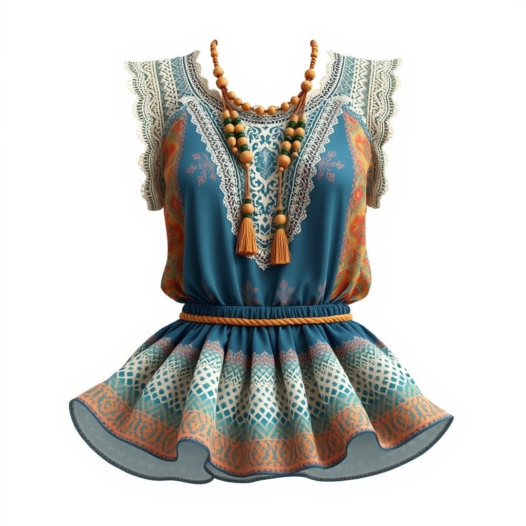 A sleeveless blouse with wavy ends and elastic midsection
Design a sleeveless boho-chic blouse featuring flowing, wavy hems that dance with movement. The elastic midsection should cinch comfortably, embellished with intricate lace detailing and vibrant, mixed prints. Adorn the neckline with delicate wooden beads and fringe accents, invoking a free-spirited vibe that harmonizes with nature-inspired palettes. Perfect for effortless layering!