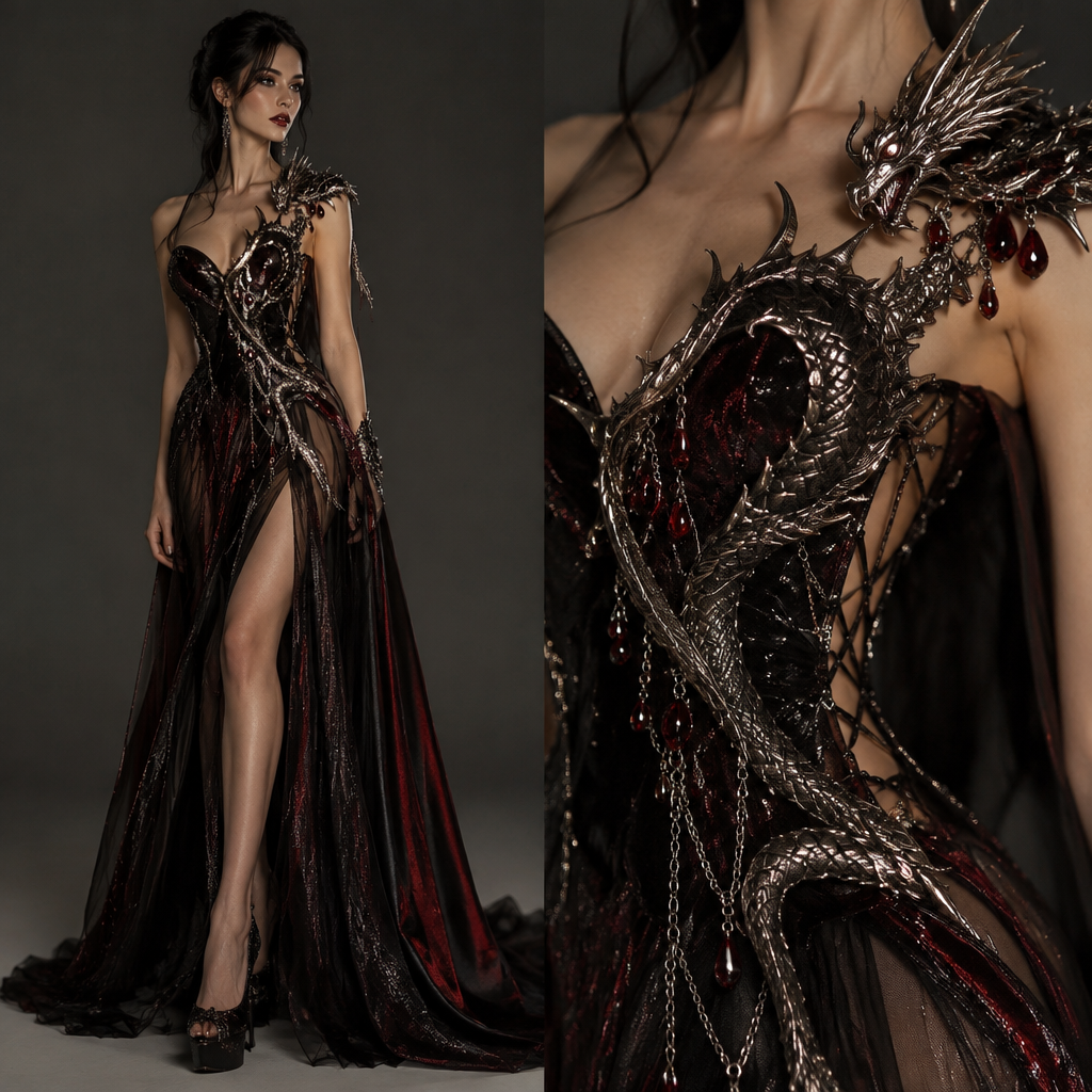 Sometging a dragon , vampire, or a dark siren would wear to a cocktail party or to the grammy awards.
photorealistic fashion design, Sometging a dragon , vampire, or a dark siren would wear to a cocktail party or to the grammy awards., punk style, just the design no text