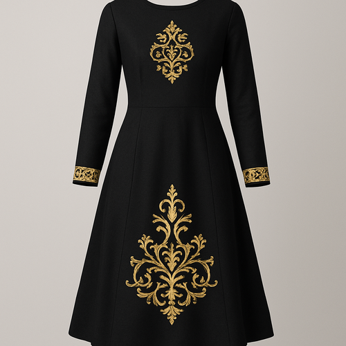 Embellishments: Features the mo "أنا وطني" and other texts embroidered with exquisite gold threadwork (Zari) on the chest and skirt.

Motif: The central pattern is rendered in intricate gold brocade or heavy hand-embroidery (Talli/Nakshi), reflecting traditional craftsmanship.

Details: Voluminous, long sleeves with gold-trimmed cuffs, and a modest neckline. The design fuses a modern modest silhouette with deep Saudi heritage using luxurious fabrics and royal gold accents.