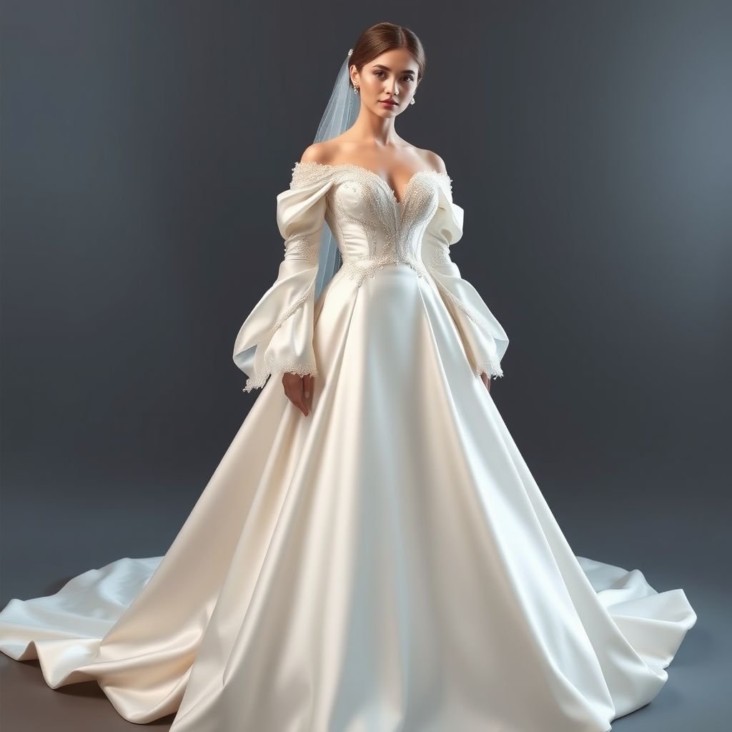 Create a Satin Wedding gown, of shoulder and long sleeved. Pearls on the busy part of the bodice and a detachable Princess ball gown skirt.
Design an ethereal satin wedding gown with elegant off-shoulder long sleeves cascading into delicate pearl embellishments across a fitted bodice. The shimmering fabric flows into a luxurious, detachable princess ball gown skirt, adorned with a subtle scatter of crystals that catch the light, creating a dreamy, fairy-tale allure for the modern bride.