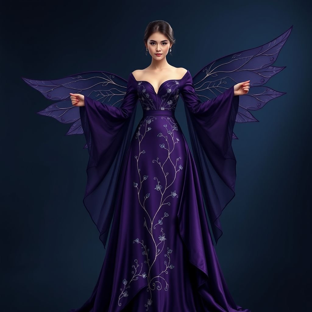 Purple dress with long sleeve
Envision an enchanting deep purple gown, elegantly draped in silk, featuring ethereal long sleeves that flutter like wings. Embellished with intricate silver embroidery of mystical vines, the dress flows to the floor, accentuated by a high asymmetrical hem. Perfect for a moonlit gala, it embodies elegance and whimsical allure.