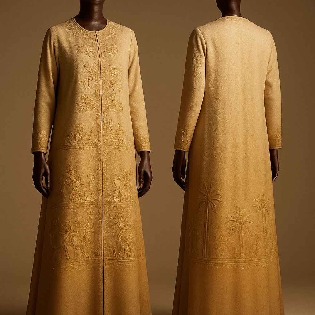 . hyper-detailed, photorealistic, ultra-textured."
English prompt (for Midjourney / Stable Diffusion / DALL·E):
"'Ghawafil Al-Khaleej' ankle-length abaya displayed on a luxurious polished dark-wood mannequin, full-body 3/4 pose. Fabric: silk-georgette gradient sand-to-warm-gold, wide front panel, fitted narrow sleeves close to the arms ending at the wrists, gold zardozi embroidery depicting camel caravans, dhow sails and palm motifs, mother-of-pearl beads and subtle sequins. Warm sunset studio lighting to highlight fabric texture and bead shimmer, soft neutral background, focus on drape and embroidery detail. ultra-detailed, photorealistic, ultra-textured."
. hyper-detailed, photorealistic, ultra-textured."
English prompt (for Midjourney / Stable Diffusion / DALL·E):
"'Ghawafil Al-Khaleej' ankle-length abaya displayed on a luxurious polished dark-wood mannequin, full-body 3/4 pose. Fabric: silk-georgette gradient sand-to-warm-gold, wide front panel, fitted narrow sleeves close to the arms ending at the wrists, gold zardozi embroidery depicting camel caravans, dhow sails and palm motifs, mother-of-pearl beads and subtle sequins. Warm sunset studio lighting to highlight fabric texture and bead shimmer, soft neutral background, focus on drape and embroidery detail. ultra-detailed, photorealistic, ultra-textured.", show front and back