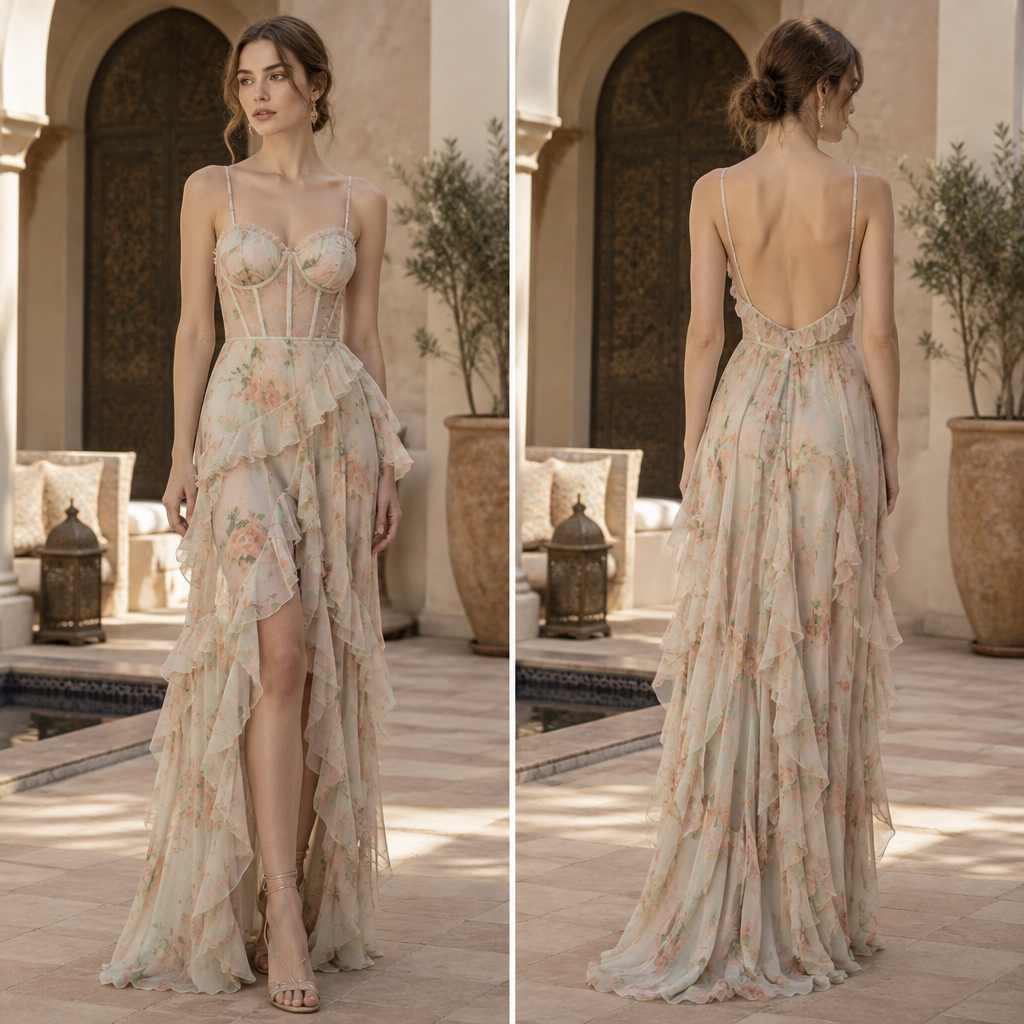 A Dress design, made of Chiffon, with a soft, cosy hand, with a Fitted silhouette, with a minimal-coverage cut, in a Pastels color palette, for Formal, suitable for Spring, in Cottagecore style, shown on a model with light skin. Morocco fashion aesthetics. Present it as professional fashion catalogue photography: the garment is the subject, shown full-length with editorial styling, neutral posing and tasteful, non-suggestive framing.
photorealistic fashion design, A Dress design, made of Chiffon, with a soft, cosy hand, with a Fitted silhouette, with a minimal-coverage cut, in a Pastels color palette, for Formal, suitable for Spring, in Cottagecore style, shown on a model with light skin. Morocco fashion aesthetics. Present it as professional fashion catalogue photography: the garment is the subject, shown full-length with editorial styling, neutral posing and tasteful, non-suggestive framing., cottagecore style, just the design no text, show front and back