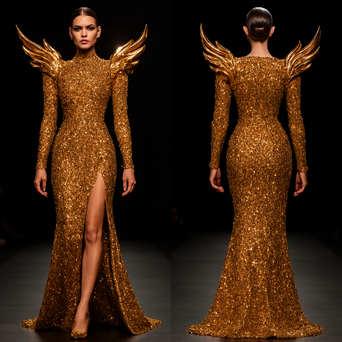 Create a luxurious full-body golden gown, completely covered in sparkling gold gemstones with a few purple crystals for accent. The gown must be ultra-fitted, with a high slit starting from the waist down one leg. Add dramatic short sculpted golden wings rising from the shoulders, made of metallic details, not printed. The design should look like fire and royalty combined. The model must stand confidently with a strong elegant pose, on a runway with professional lighting, showing power, beauty, and glamour.”