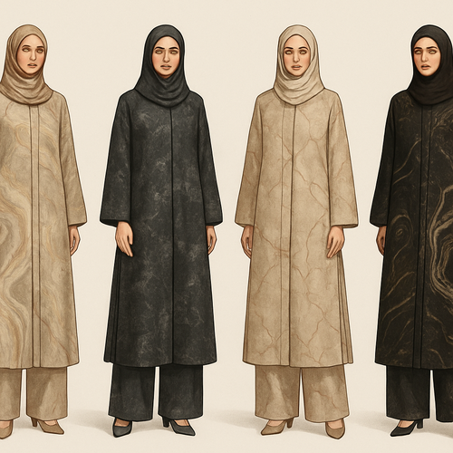 Create a modest abaya and loose pant, first of its kind, featuring a unique stone design that exudes a classy and sophisticated vibe. I'd like four designs, each showcasing different styles and fabrics. Incorporate high-end, unique chic stone designs to make them truly special. Add little sophisticated stone designs. Make it irresistible with designs that stands out.