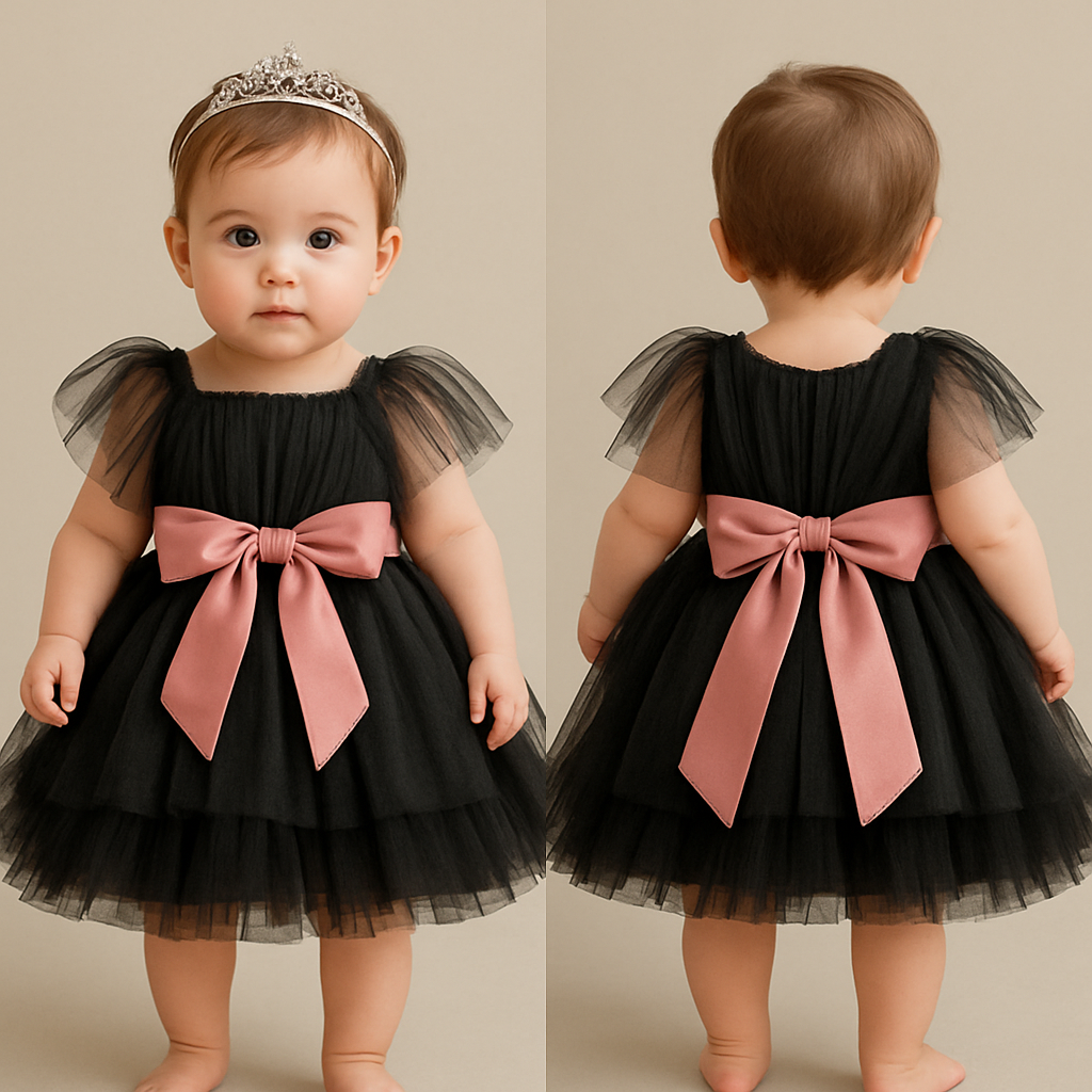 1歳の女の子のベビードレス着用画
黒のチュールドレス、膝丈のラッフルスカート(ボリューミー)
上半身は、細かいギャザーを寄せたベアトップのチュールのボディス
その上から同一色のチュールショルダーラップ、肩から膝上までをふんわり巻き付けるように、
胸下の切り返しにローズピンクのサテン生地の太めのリボンを前から一周巻いて、真ん中ではなく、左前あたりで大きくリボン縛り
背中側は横にまっすぐなリボン
リボンの結び目は前
頭には派手すぎないシルバーのティアラ
1歳の女の子のベビードレス着用画
黒のチュールドレス、膝丈のラッフルスカート(ボリューミー)
上半身は、細かいギャザーを寄せたベアトップのチュールのボディス
その上から同一色のチュールショルダーラップ、肩から膝上までをふんわり巻き付けるように、
胸下の切り返しにローズピンクのサテン生地の太めのリボンを前から一周巻いて、真ん中ではなく、左前あたりで大きくリボン縛り
背中側は横にまっすぐなリボン
リボンの結び目は前
頭には派手すぎないシルバーのティアラ, show front and back