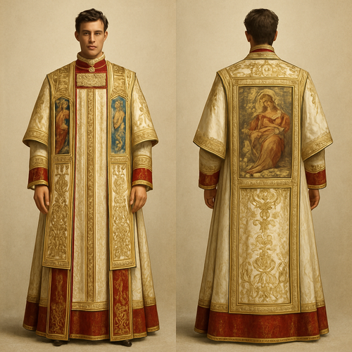 A male firmware in the colors of white gold red blue inspired by Catholic priest robe and da Vinci’s artwork