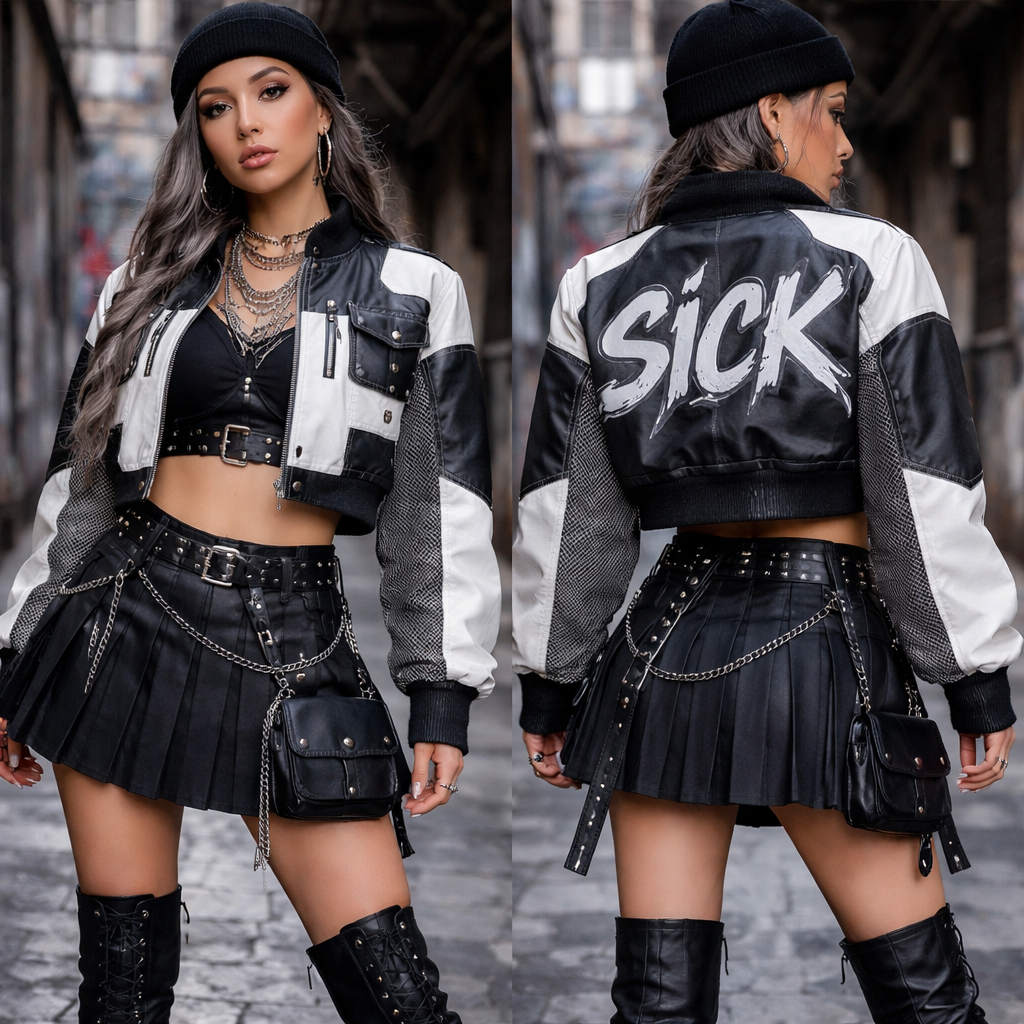 Sick streetwear, new fashion design for stylish women mixed edgy looks . Add Sick to back panels
Sick streetwear, new fashion design for stylish women mixed edgy looks . Add Sick to back panels, streetwear style, show front and back