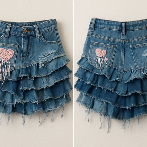 make a layered cargo skirt, with ruffles and a gradient of different denim shades. it should be low-waisted and very short. the geometric shapes should create uneven lengths, but the skirt should still stay short overall. the layers of denim should give it volume. on the pockets, there should be some heart-shaped cutouts with pastel pink crochet sewn inside. there should also be some rips and hanging fabric. around the crochet hearts — one main large one on the pocket and smaller ones around it — crochet threads should hang down loosely.