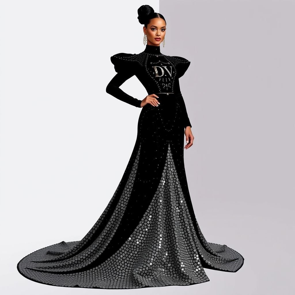 Create me a unique met gala dress that resembles something rhianna would wear, but I want it to be modest and empowers a Met Gala look. Put “DV” on it somewhere
Design a stunning Met Gala dress reminiscent of Rihanna's iconic looks, featuring a floor-length silhouette with a lavish train. Incorporate bold, shimmering sequins for a striking effect, while maintaining modesty with long, flowing sleeves and a high neckline. Embellish with "DV" in elegant embroidery, celebrating both empowerment and glamour.