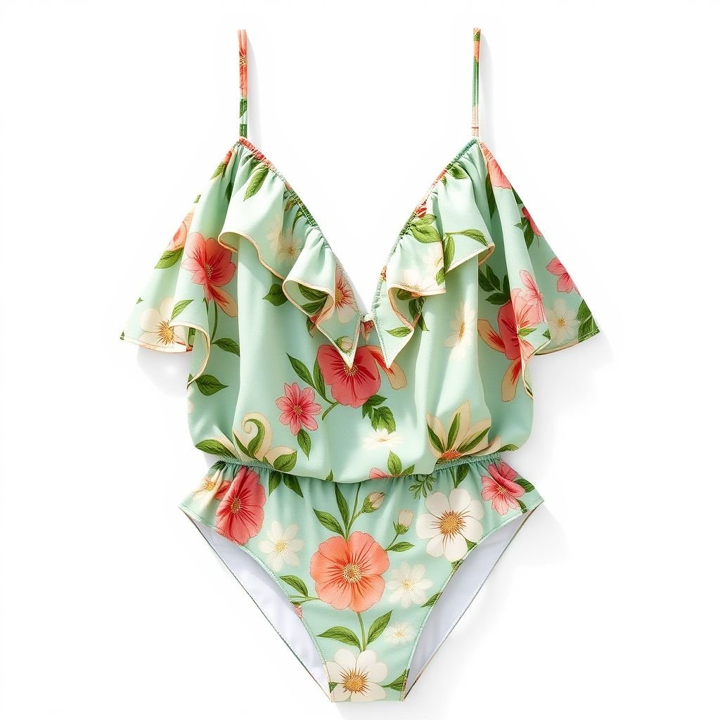 בגד ים בסגנון של צימרמן
Design a vibrant swimsuit inspired by Zimmermann's signature style, featuring intricate floral prints and flowing silhouettes. Incorporate delicate ruffles and cut-outs to evoke a sense of playfulness, perfect for sunny beach days. Use soft pastel colors reminiscent of summer sunsets, with lightweight fabrics for ultimate comfort and breathability.