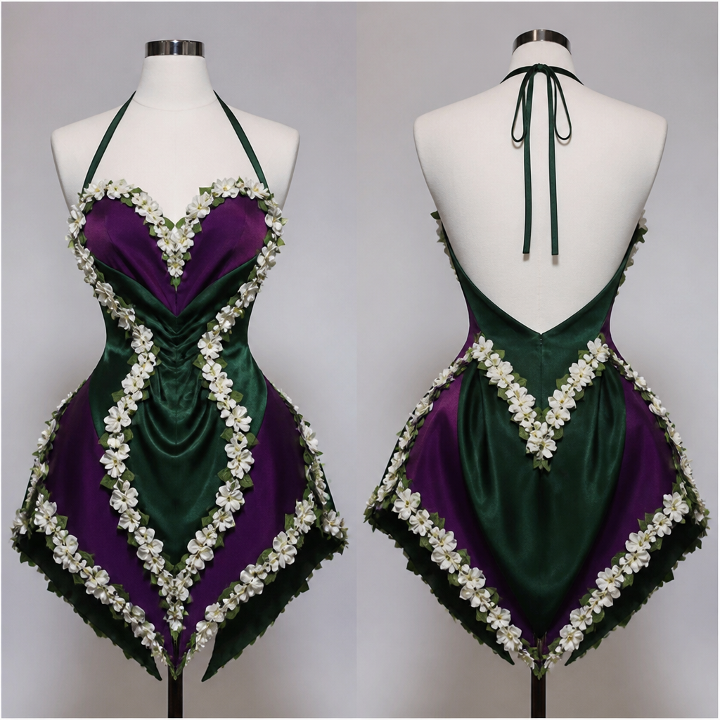 Gorgeous, dark green and purple heart shaped dress white flowers halter neck
photorealistic fashion design, Gorgeous, dark green and purple heart shaped dress white flowers halter neck , just the design no text, show front and back