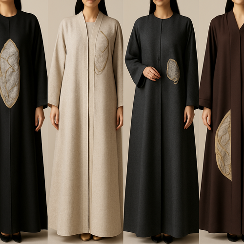 Create a modest abaya that's the first of its kind, featuring a unique stone design that exudes a classy and sophisticated vibe. I'd like four designs, each showcasing different styles and fabrics.
Incorporate high-end, unique chic stone designs to make them truly special. Add little sophisticated stone design.