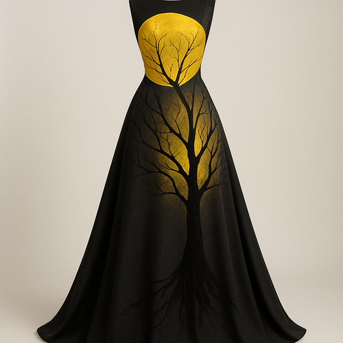 Yellow moon with black tree long dress 