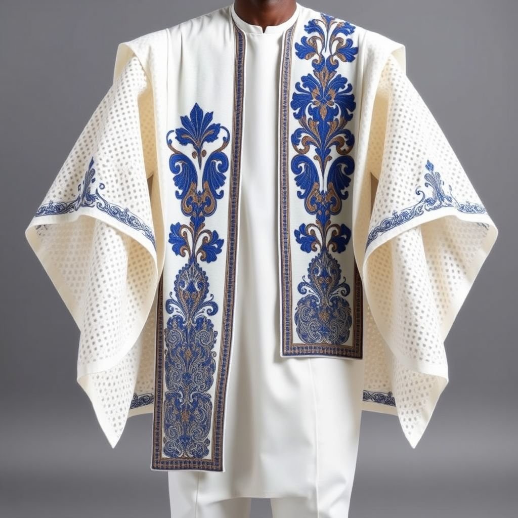 Design a classic men’s Agbada 2 piece, crafted from crisp white cotton dry lace adorned with intricate perforated holes. With elaborate white embroidery and exaggerated sleeves. Worn over a kaftan and pant set. One that evokes cultural heritage, blending modern elegance with timeless craftsmanship. Suitable for a groom on his Nigerian traditional Marraige of Yoruba decent.
Design a sophisticated men's Agbada 2-piece ensemble in elegant white cotton dry lace, featuring detailed perforated patterns. Adorned with vibrant, traditional Yoruba motifs in royal blue and gold embroidery, the exaggerated sleeves cascade elaborately. Worn over a luxe kaftan and tailored pant set, this look celebrates cultural heritage with modern sophistication, ideal for a groom’s Nigerian traditional marriage.