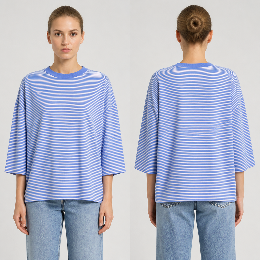 I want to design a very oversize tshirt that has the trending horizontal stripes. I want the color to be bright periwinkle and white and the sleeves to be 3/4 length, and the crew neck to be periwinkle as well. I want the length of the top to be just above hip length. Also i want the sleeve ends not banded. I want tight stripes not wide ones
photorealistic fashion design, I want to design a very oversize tshirt that has the trending horizontal stripes. I want the color to be bright periwinkle and white and the sleeves to be 3/4 length, and the crew neck to be periwinkle as well. I want the length of the top to be just above hip length. Also i want the sleeve ends not banded. I want tight stripes not wide ones, just the design no text, show front and back
