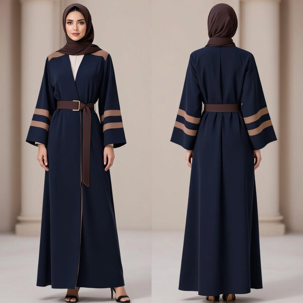 Formal Abaya Concept: • Cut: Straight cut with structured shoulders to give a formal and elegant presence. • Main Color: Dark navy (Pantone 282C) to convey authority and sophistication. • Details: Incorporating chocolate brown (Chocolate Fondant) on the sleeves as side stripes or wide cuffs, and along the abaya’s front edge. • Extra Touches: A thin beige line at the edges to create a soft contrast. • Fabric: Heavy crepe or lightweight wool to ensure a formal look with a stable silhouette. • Sleeves: Slightly wide but kept straight, adding a modern touch without exaggeration. • Accessory: A wide brown belt (optional) to highlight the waist and add a classic finish.
Formal navy abaya in heavy crepe or lightweight wool, straight cut with structured shoulders. Chocolate brown side stripes on sleeves and front edge, accented with a thin beige line. Straight, slightly wide sleeves. Option for a wide brown belt.