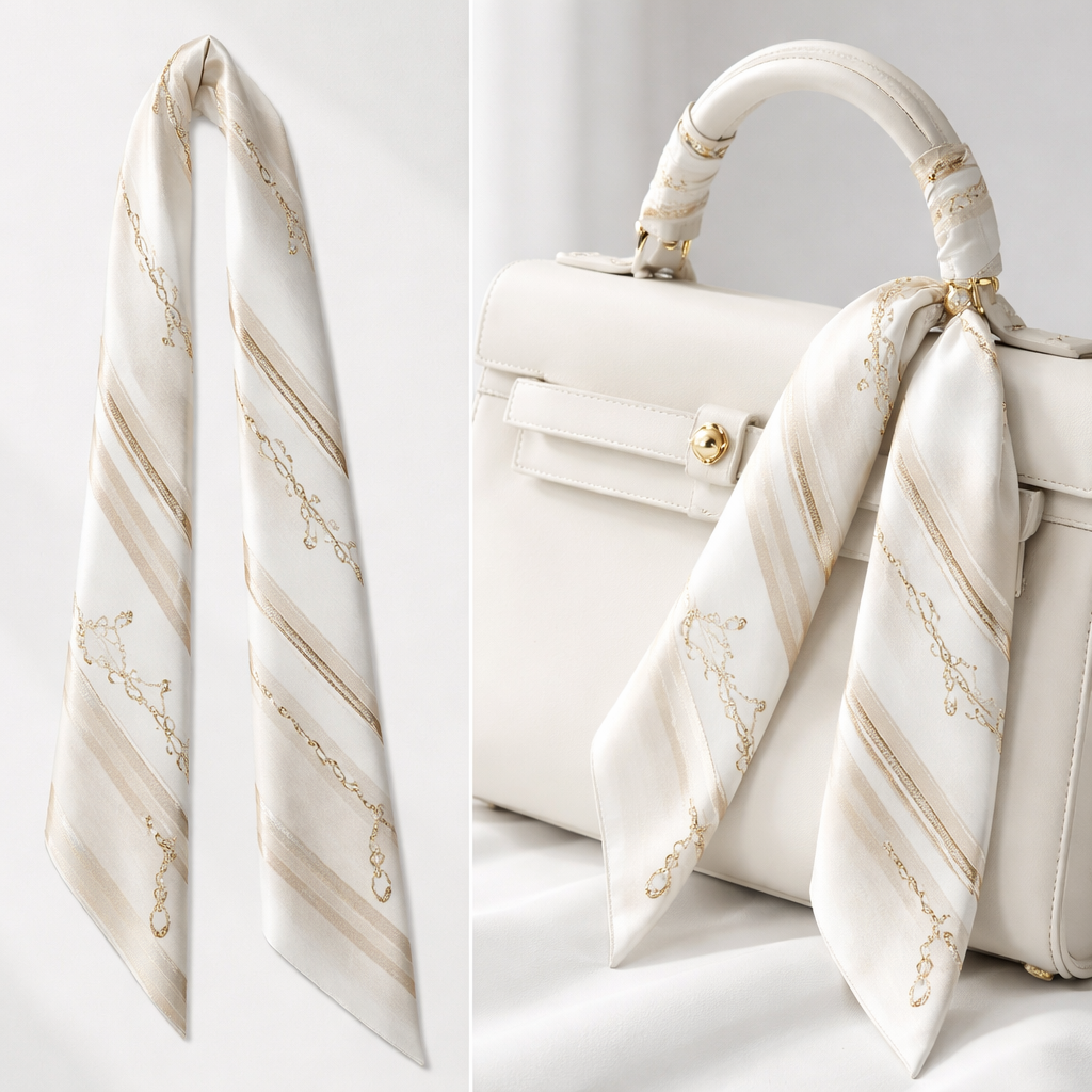 Silk scarf that is 5x86cm designed for a handle on a Kelly style bag for a woman going out to a sophisticated event more simple and elegant
Silk scarf that is 5x86cm designed for a handle on a Kelly style bag for a woman going out to a sophisticated event more simple and elegant , classic style
