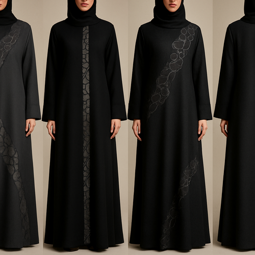 Create a modest abaya that's the first of its kind, featuring a unique stone design that exudes a classy and sophisticated vibe. I'd like four designs, each showcasing different styles and fabrics.
Incorporate high-end, unique chic stone designs to make them truly special. Add little sophisticated stone design.