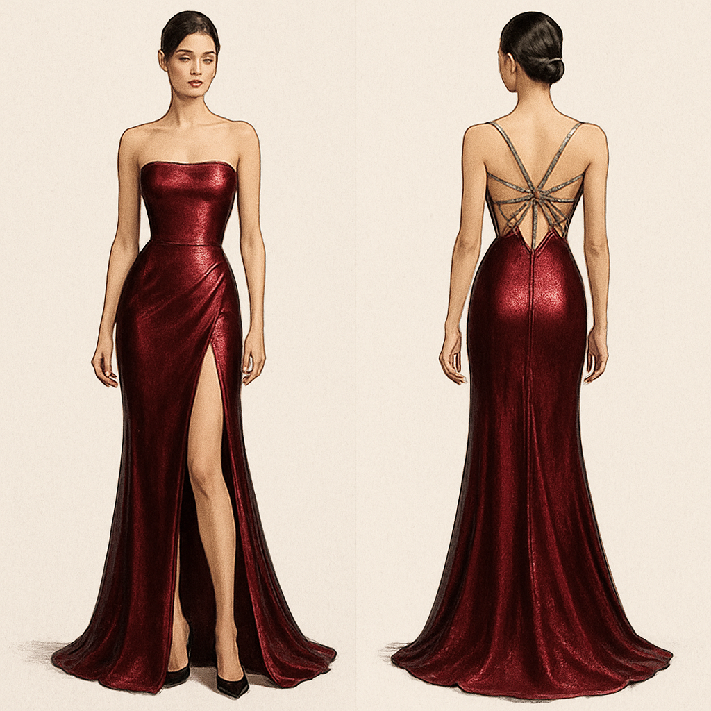 a burgendy dress with a slit and its strapless and its silvery and shiny and the back has a spider legs connecting to the sides of the dress to hold it up
a burgendy dress with a slit and its strapless and its silvery and shiny and the back has a spider legs connecting to the sides of the dress to hold it up, show front and back