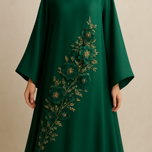 Create me an abaya based on these descriptions.             The Emerald Garden Abaya
Tone: Rich Emerald Green
Design:
Couture floral appliqués in emerald and gold, softly arranged diagonally from waist to hem.
Embellishment:
Hand-set gold crystals and glass beads woven within the flowers.
Vibe:
Regal, graceful, soft shine.