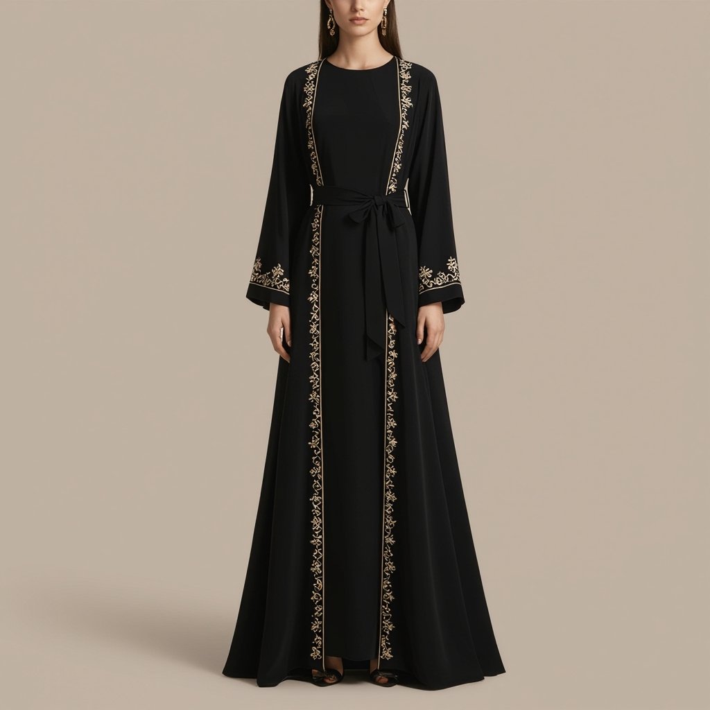 Elegant A-Line Abaya Design • Cut: • Full-length A-Line silhouette flowing gracefully from shoulder to floor. • Wider hem for a luxurious, fluid movement while walking. • Fabric: • Double Crepe or Silk-Wool Blend — matte, refined, with enough structure to hold the shape elegantly. • Base colors: luxurious black or soft earthy beige (depending on the occasion). • Collar / Neckline: • Minimal round collar or slim feminine blazer lapel. • Sleeves: • Straight sleeves with delicate embroidery or subtle French lace at the cuffs. • Alternative option: Slightly flared sleeves with a contrasting lining that peeks through when moving. • Details: • Side embroidery in off-white or silver, starting from the shoulder and flowing gracefully down one side to mid-hem (floral motifs or fine geometric lines). • Thin satin piping at the bottom hemline in a contrasting tone for a modern touch. • Accessories: • Optional detachable belt in the same fabric for a cinched-waist illusion. • Small clutch in embroidery-matching color to complete the look. ⸻ ✨ Result: A refined A-Line abaya with feminine flow and elegant details (side embroidery + delicate sleeves), striking a perfect balance between simplicity and luxury — ideal for formal occasions and sophisticated appearances.
Formal fashion: Formal A-line abaya. Full-length, flowing silhouette. Double crepe or silk fabric in black or beige. Round neck or slim lapel. Straight sleeves with embroidery or lace cuffs. Side embroidery, delicate satin piping at hem. Detachable belt optional.