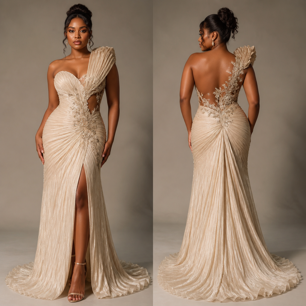 A Female Dress design, with a rich, textured surface, with a Tailored silhouette, for Formal, suitable for Summer, in Glamorous style, shown on a model with brown skin and a curvy figure. design me a dress for the metgala. Present it as professional fashion catalogue photography: the garment is the subject, shown full-length with editorial styling, neutral posing and tasteful, non-suggestive framing.
photorealistic fashion design, A Female Dress design, with a rich, textured surface, with a Tailored silhouette, for Formal, suitable for Summer, in Glamorous style, shown on a model with brown skin and a curvy figure. design me a dress for the metgala. Present it as professional fashion catalogue photography: the garment is the subject, shown full-length with editorial styling, neutral posing and tasteful, non-suggestive framing., glamorous style, just the design no text, show front and back