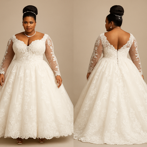 Black woman
Thick woman 
Updo with pearls 
Wedding dress ball gown 
Lace chest melted 
Tight waist 
Flower designs on lace 
Diamond necklace and diamond bracelet 
Ballroom style dress with flare out 
Breast cut 
Lifted up chest
Lace sleeves with clear designs 
Clear heels