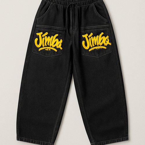 Pantalone baggy largo in denim nero con ricamato sopra su ognuna delle tue tasche “Jimba” in stile writer in giallo