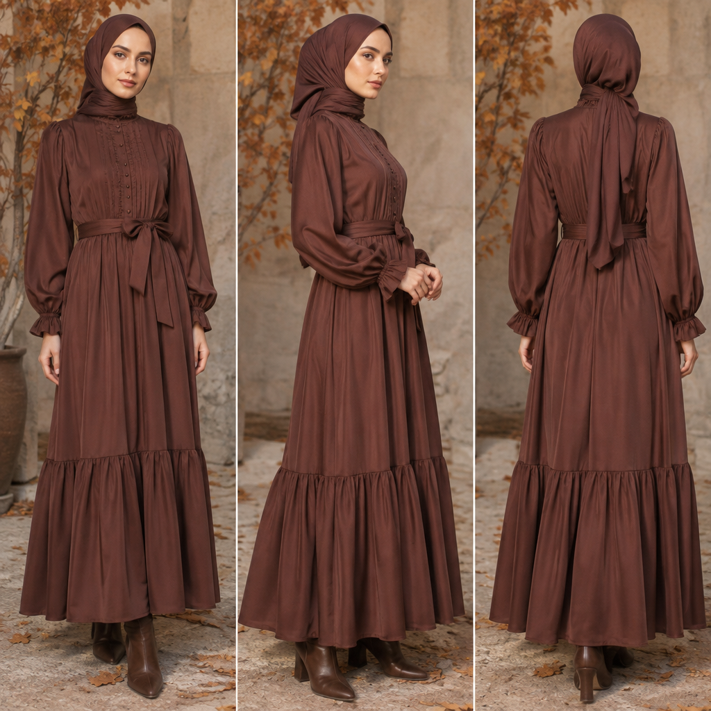 A Female Dress design, with modest, full coverage: longer hemlines, higher necklines and covered shoulders, suitable for Fall. LB fashion aesthetics. Current season is Autumn in LB. Present it as professional fashion catalogue photography: the garment is the subject, shown full-length with editorial styling, neutral posing and tasteful, non-suggestive framing.
photorealistic fashion design, A Female Dress design, with modest, full coverage: longer hemlines, higher necklines and covered shoulders, suitable for Fall. LB fashion aesthetics. Current season is Autumn in LB. Present it as professional fashion catalogue photography: the garment is the subject, shown full-length with editorial styling, neutral posing and tasteful, non-suggestive framing., just the design no text