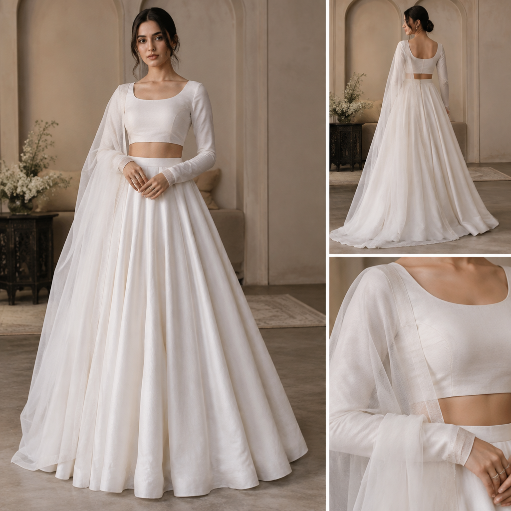 A Lehenga design. plain white lehenga with plain white net dupatta. Pakistan fashion aesthetics. Present it as professional fashion catalogue photography: the garment is the subject, shown full-length with editorial styling, neutral posing and tasteful, non-suggestive framing.
photorealistic fashion design, A Lehenga design. plain white lehenga with plain white net dupatta. Pakistan fashion aesthetics. Present it as professional fashion catalogue photography: the garment is the subject, shown full-length with editorial styling, neutral posing and tasteful, non-suggestive framing., just the design no text