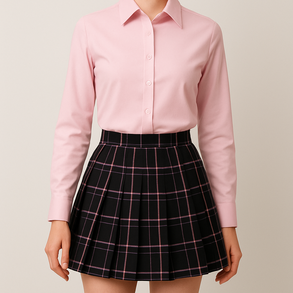 تنورة  قصيرة  (ليس كثيرا) سوداء مع خطوط وفيعة نقشة مدرسيه  وردي و ابيض
مع قميص وردي بنفس درجة خطوط التنورة


تنورة  قصيرة  (ليس كثيرا) سوداء مع خطوط وفيعة نقشة مدرسيه  وردي و ابيض
مع قميص وردي بنفس درجة خطوط التنورة
, formal style