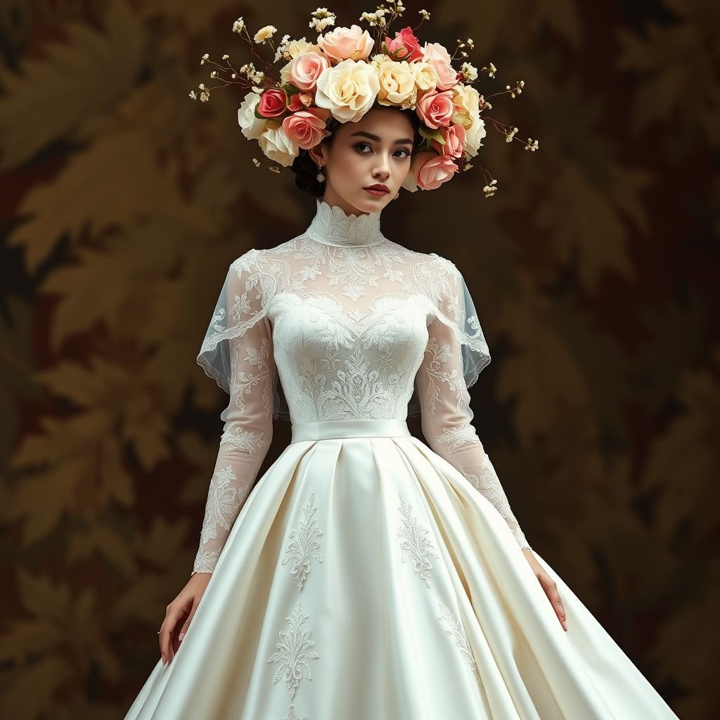 Silk wedding dress for couture with turtle neck finish, an extravagant cap
Design a stunning vintage-inspired silk wedding dress featuring an elegant turtleneck finish. The gown cascades into a flowing A-line silhouette with delicate lace detailing. Adorned with an extravagant cap adorned in vintage floral appliqués, it captures the romance of a bygone era, blending timeless elegance with modern couture artistry.