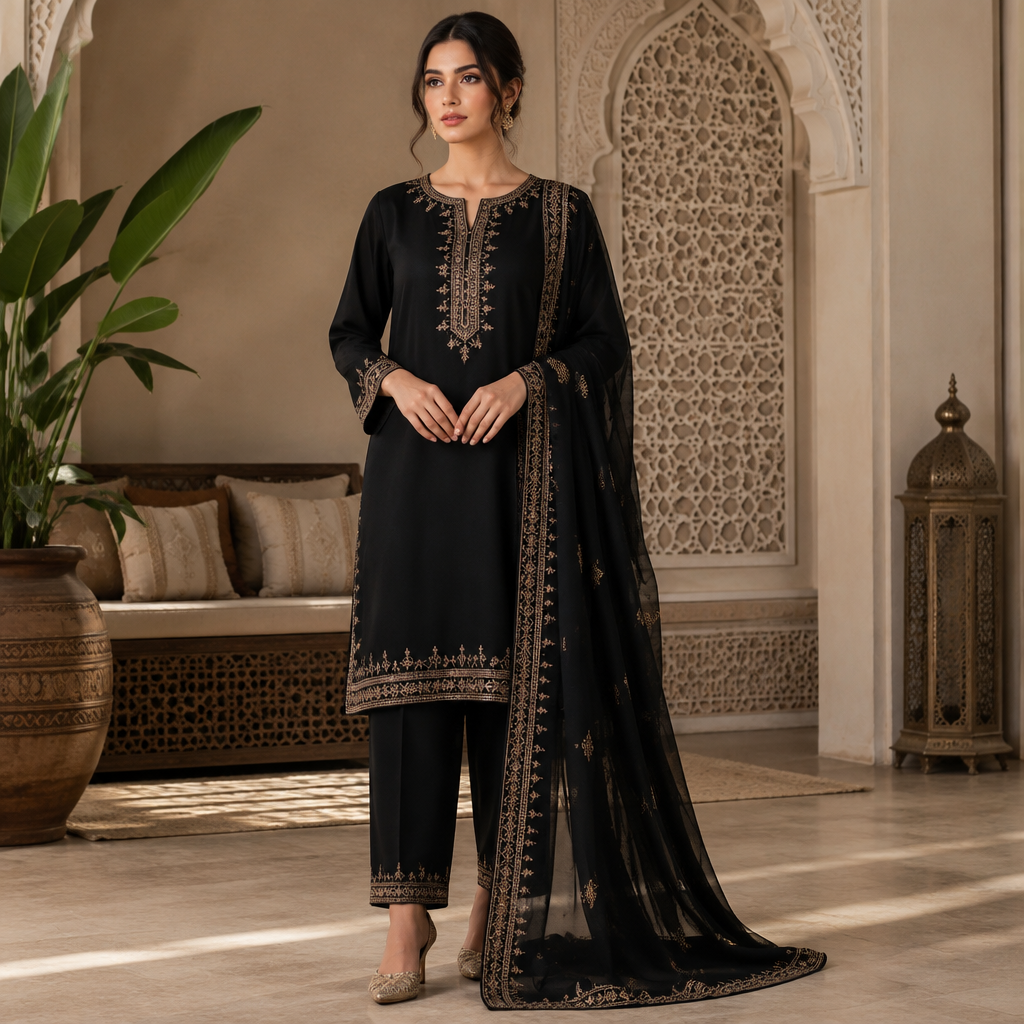 A Salwar Kameez design, in Classic style. اسود أنيق و راقي. Morocco fashion aesthetics. Present it as professional fashion catalogue photography: the garment is the subject, shown full-length with editorial styling, neutral posing and tasteful, non-suggestive framing.
photorealistic fashion design, A Salwar Kameez design, in Classic style. اسود أنيق و راقي. Morocco fashion aesthetics. Present it as professional fashion catalogue photography: the garment is the subject, shown full-length with editorial styling, neutral posing and tasteful, non-suggestive framing., classic style, just the design no text