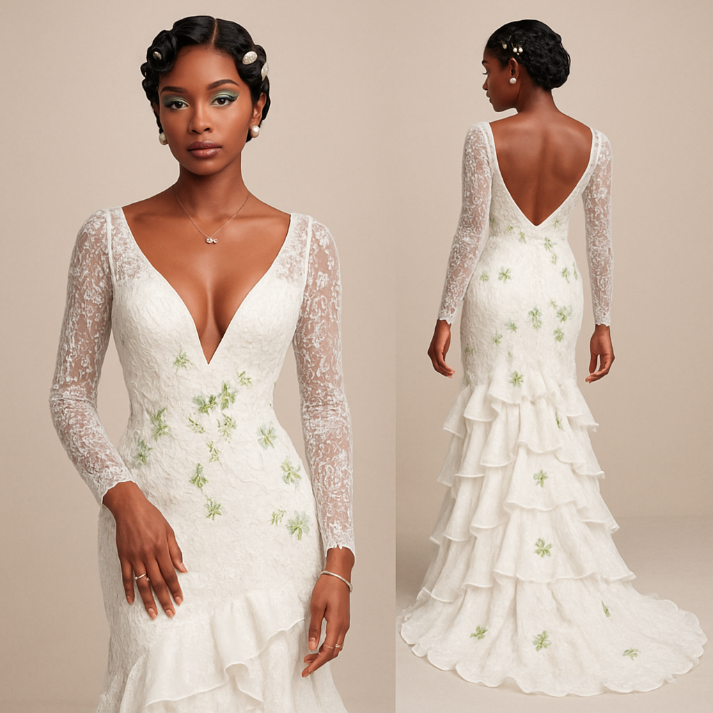 Black girl
Finger waves with small flowers in hair
Wedding dress
V cut at breast
Long dress
Long train
Lace sleeves
Ruffles going down the dress
Green flowers on dress
Diamond ring on finger
Diamond heart necklace
Green eyeshadow
Clear lipgloss
Diamond earrings
Diamond bracelet
White heels with green pearls
French tip nails with pearls
Black girl
Finger waves with small flowers in hair
Wedding dress
V cut at breast
Long dress
Long train
Lace sleeves
Ruffles going down the dress
Green flowers on dress
Diamond ring on finger
Diamond heart necklace
Green eyeshadow
Clear lipgloss
Diamond earrings
Diamond bracelet
White heels with green pearls
French tip nails with pearls
, show front and back