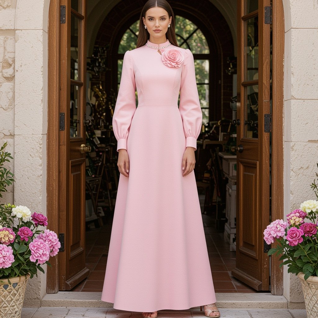 Make a pink maxi dress with princess lines. Add a large fabric flower on top right hand side. Crystals around the neck and crystals on the arm band of long sleeves . Dress has high collar
Classic fashion: Pink cotton maxi dress with princess seams, high collar, and long sleeves. Adorned with a fabric flower on the right, and subtle crystals at the neck and sleeve bands.
