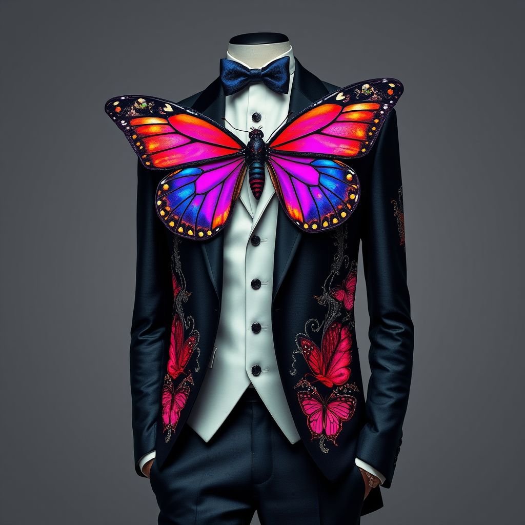 A sketch of men's clothing inspired by the visuals of poisonous butterflies.
Create a glamorous men's fashion design inspired by the vibrant, iridescent colors and patterns of poisonous butterflies. Envision a tailored suit adorned with shimmering, wing-like accents and exquisite embroidery mimicking butterfly motifs. Incorporate luxurious fabrics that catch the light, exuding sophistication and allure, perfect for a striking evening gala.