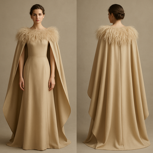Beige dress with big cape. With a feather 
Make it realistic 