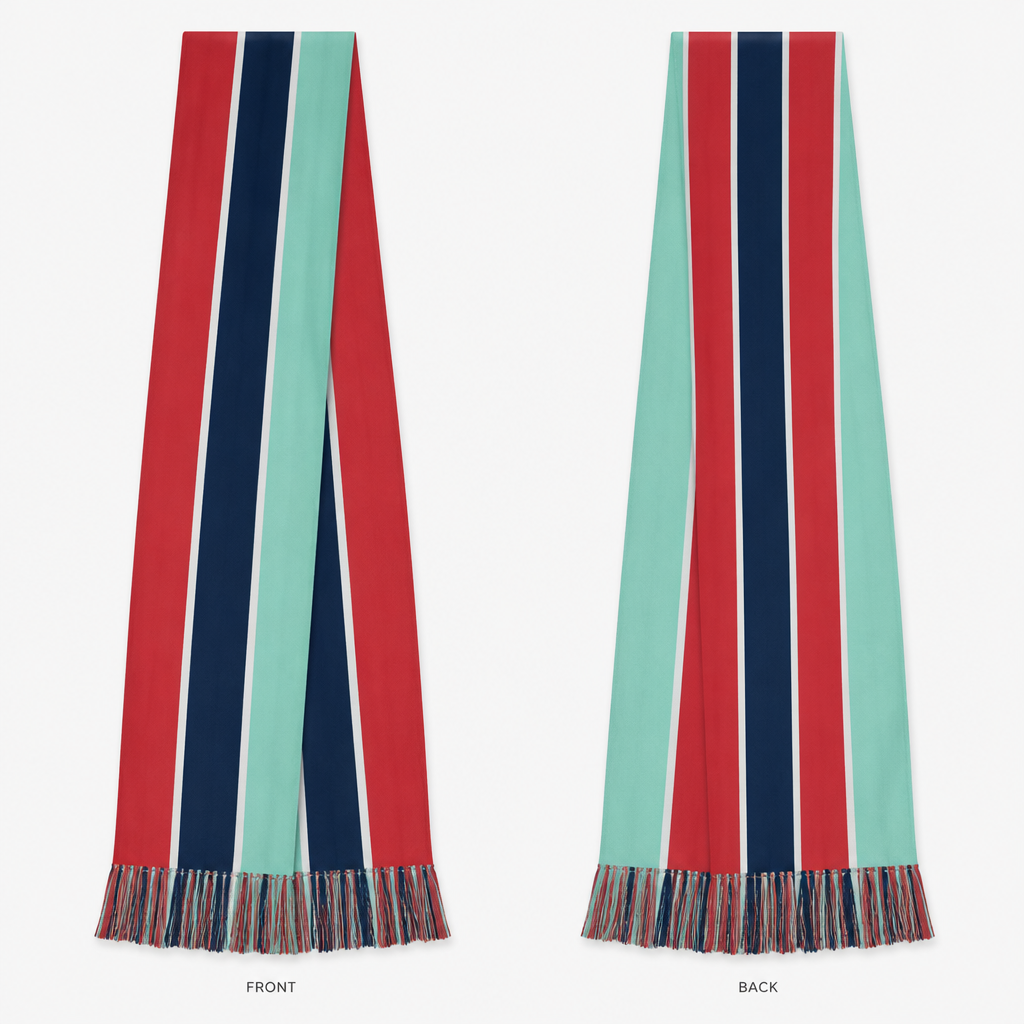 Design a scarf with longitudinal linear lines for the kc Current soccer team using red and teal. Make it preppy add a navy stripe. Still long lines not horizontal
photorealistic fashion design, Design a scarf with longitudinal linear lines for the kc Current soccer team using red and teal. Make it preppy add a navy stripe. Still long lines not horizontal , just the design no text, show front and back