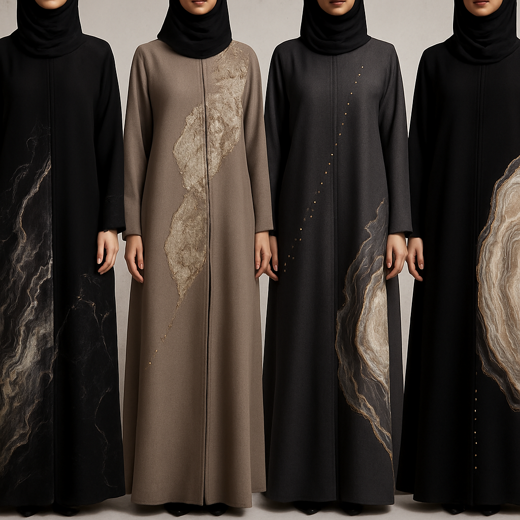Create a modest abaya, first of its kind, featuring a unique stone design that exudes a classy and sophisticated vibe. I'd like four designs, each showcasing different styles and fabrics. Incorporate high-end, unique chic stone designs to make them truly special. Add little sophisticated stone designs. Make it irresistible for customers 

Create a modest abaya, first of its kind, featuring a unique stone design that exudes a classy and sophisticated vibe. I'd like four designs, each showcasing different styles and fabrics. Incorporate high-end, unique chic stone designs to make them truly special. Add little sophisticated stone designs. Make it irresistible for customers 