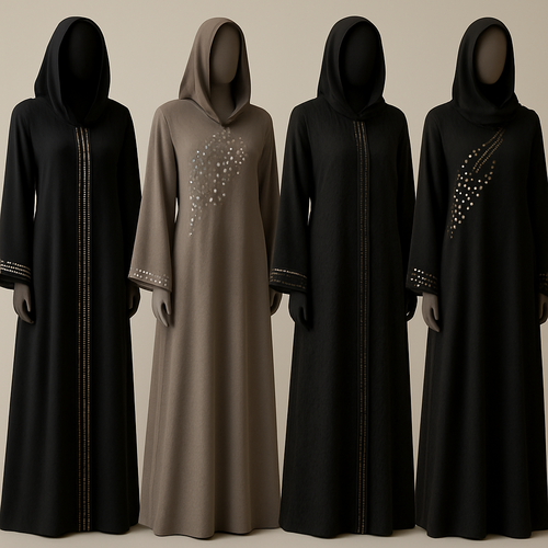 Create me modest abaya that's first in the world, using unique stone design, classy and sophisticated. Keep me 4 designs. Make them rich by adding minimal stone embroidery and stones designs. Showcasing different styles and fabric.