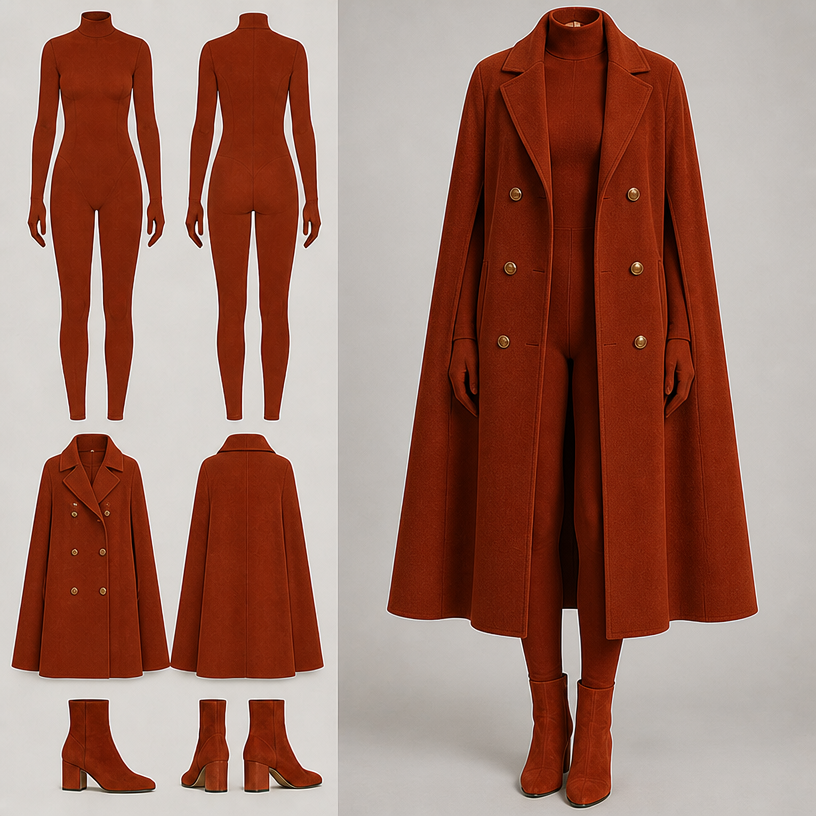 Double breasted cape
edit the attached fashion design with these instructions: Double breasted cape. keep it photorealistic, just the design no text
